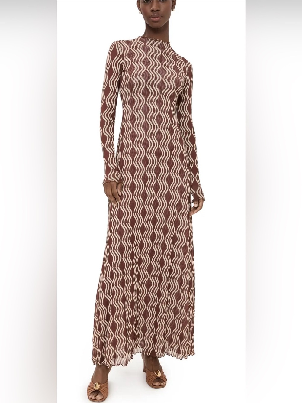 RESA Brown and Cream Wave-Print Long Sleeve Maxi Dress
